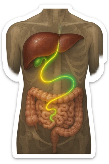 A detailed anatomical illustration-style image focusing on the human torso, highlighting the liver, gallbladder (cistifellea), and intestines. The organs are shown with realistic textures and colors: the liver in deep reddish-brown, the gallbladder as a small greenish sac tucked under the liver, and the intestines in soft pinkish hues. Connecting these organs are glowing, semi-transparent lines or light trails in vibrant colors (e.g., bright yellow or green) that visually trace the functional and physiological links between them. The lines flow smoothly from the liver to the gallbladder and then down to the intestines, symbolizing bile flow and digestive processes. The background is a subtle dark gradient that enhances the brightness and clarity of the lines and organs. The style is a blend of medical illustration and modern digital art, clear, precise, and visually engaging sticker