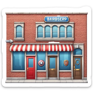 barbershop exterior with secret superhero lair hidden inside, barber pole, secret entrance sticker