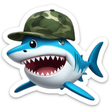 cartoon shark standing with a camouflage cap on its head sticker