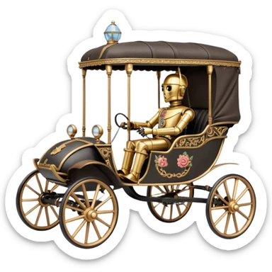 Old American West C-3PO policeman in 1864 delicately ornate rosegold accents painted buggy powered by electric motors and batteries with safety features and belts  sticker