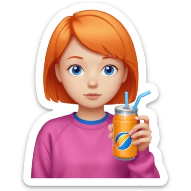 orange short hair girl sipping energy drink, blue eyes, pink sweatshirt sticker