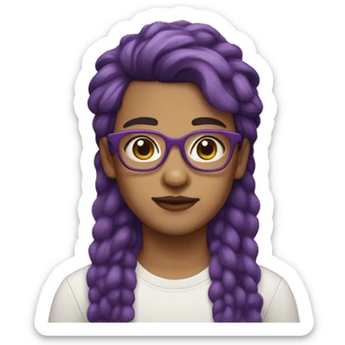 Non binary person with square glasses, brown eyes, purple hair in a pixi mullet  sticker