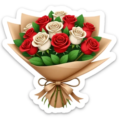 Rose bouquet wrapped in light brown paper, red and white roses. The paper must show at the back and the bow must be rope. White and res roses. Just a bit bigger sticker