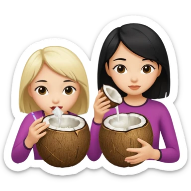 Two girls drinking out of a coconut one is Asian with black hair the other is white with blonde hair  sticker