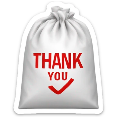 White bag with thank you in red written on it sticker