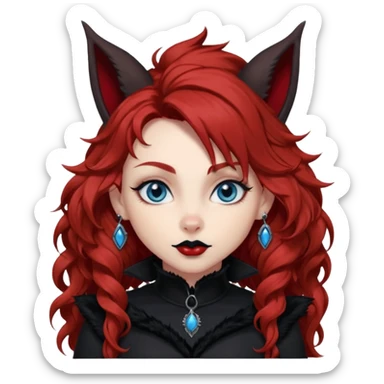  long curly red hair (darker), red pointed ears with black trim, black goth outfits, body and face human, blue eyes, more pointy chin, black lipstick, big fluffy red squirrel tail with black tips, like the attached photo with more outfits and poses,  sticker