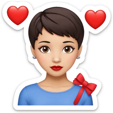 woman pixie cut dark brown hair with barrettes, hispanic, brown oval eyes, heart shaped face sticker