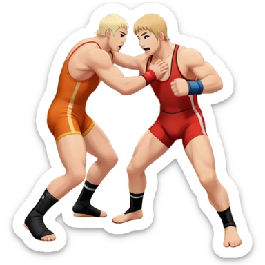 An icon showcasing two wrestlers engaged in a dynamic free wrestling match. The athletes are in mid-action, one attempting a takedown while the other defends. The background features a wrestling mat, and the fighters wear traditional singlets. Transparent background  sticker
