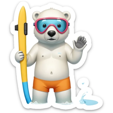 friendly anthropomorphised polar bear standing in a small puddle, wearing colorful board shorts, scuba mask over eyes, snorkel tube attached sticker