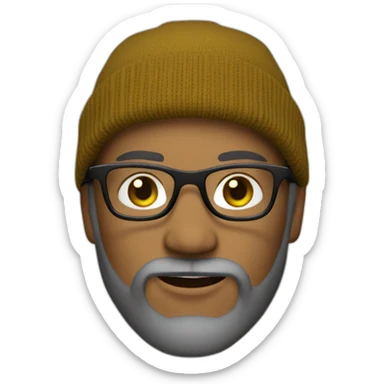 brown bearded white guy with clear framed glasses wearing yellow beanie black shirt sticker