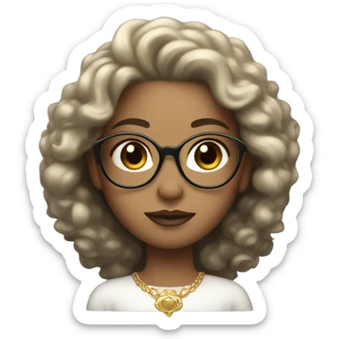 A light skinned princess with black curls and a gold crown and glasses sticker