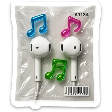 pair of white EarPods with three floating glass music notes in neon colors, shiny and puffy sticker
