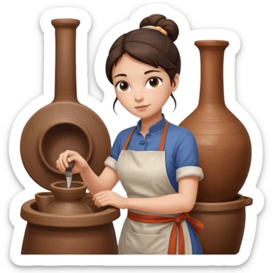 Brunette girl with bun, behind pottery wheel sticker