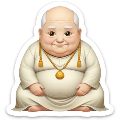 fat old temple priest, hunched posture, mischievous closed smile, unsettling expression sticker