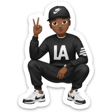 Crea Un Emoji De Cuerpo Completo Que Sea Hombre Con Corte Alucin Que Tenga Gorra Nike, Suéter Negro Que Tenga La Letras LA El La Parte Del Corazón, Zapatos Adidas Con Una Palomita✅, Pantalón Ancho O Bellaco Con Unos Diseños De Palomas Blancas Y Asiendo Una Pose Con Su Mano Que Sea Está 🤙🏽. sticker