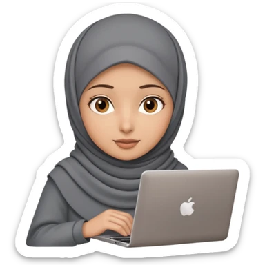 A girl wearing a gray hijab and with hazel eyes is carrying a laptop, not a laptop, just a regular laptop. sticker