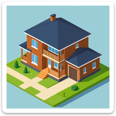 isometric illustration of the building. 3D isometric infographic design. Clean lines, bright and saturated colors, minimal unnecessary details. View from above at an angle (isometric), showing the roof, facade, and part of the surrounding area. Soft shadows, daylight lighting, no harsh contrasts. Background should be solid (blue, gray, or light tone). Add a small area around the building (roads, tiles, grass) so the building looks complete. Accurately represent the architectural features of the building (roof shape, facade, colors). Final style should be neat and polished, similar to posters or educational infographics. sticker
