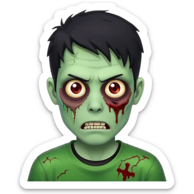 Zombie Emoji AppleIOS Style, lowfade Black Hair, and Black T-shirt, Green Skin, normal expression sticker