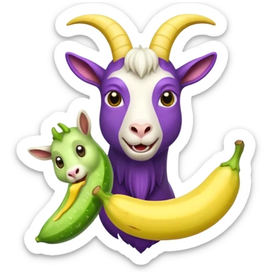 Three headed goat. One eating a banana, another eating an eggplant, and the last eating a cucumber sticker