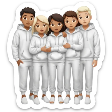 four mixed race friends all wearing white oversized hoodies, white sweatpants, and white slides huddled together hugging sticker
