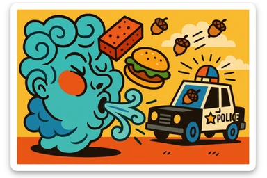 whimsical wind face getting hit by a brick, a burger thrown at it, and a police car in the background with acorns being thrown at the car, cartoon style sticker