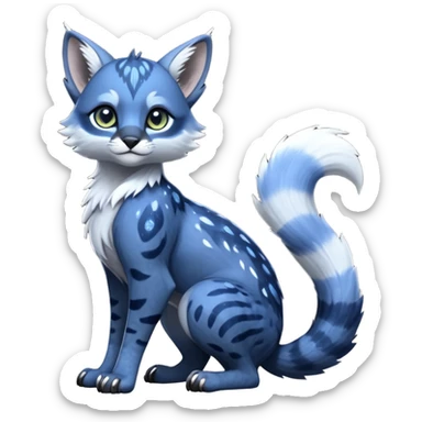Cute kawaii cool edgy badass  glossy midnight-blue fur with silver starlight dusting fantasy-caracal-civet-genet-sergal-vernid-Gryphon-Cacomistle-Trico-oncilla-animal-Fakémon-hybrid-fursona (full body), facial markings, (realism style) sticker