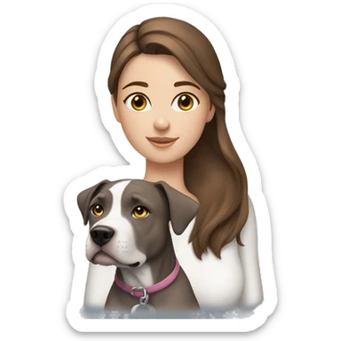 A girl with brown hair, blue eyes with a gray Amstaff dog sticker