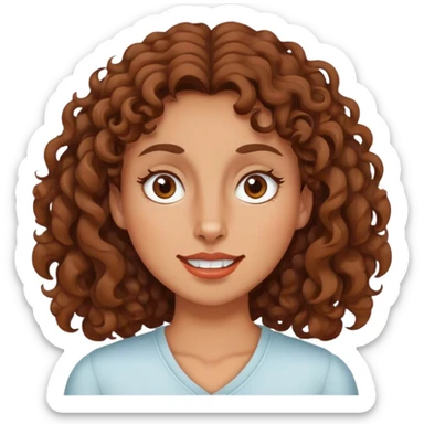 woman with medium brown curly hair and rabbit teeth with a lazy eye sticker