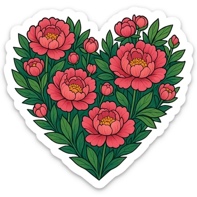 heart with a vibrant peony garden, clean digital illustration, remove background sticker