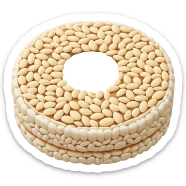 A round puffed rice cake, flat disc shape, light beige/off-white color, bumpy textured surface showing compressed puffed rice grains, crispy appearance, simple flat design, centered on transparent background. sticker