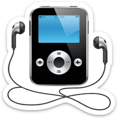Futuristic iPod emoji with earphones, metallic black and white, smooth reflective surfaces, flat minimal vector design, clean UI style sticker