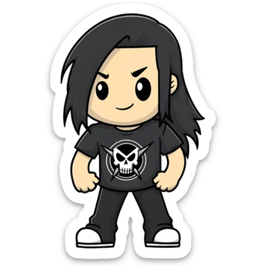 A metalhead with long flowing black hair, wearing a black heavy metal t-shirt, smirking confidently sticker
