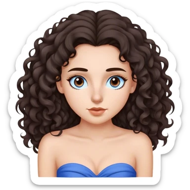 menina branca de cabelo cacheado marrom escuro sem volume  longo,  com nariz fino e empinado  com uma blusa tomara que caia azul ,sobrancelhas marcantes e olhos castanhos escuros sticker