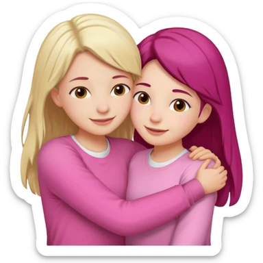 2 girls hugging each other. One is wearing white shirt and the other is wearing pink sticker