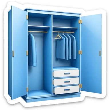 Icon for Furniture Design: a blueprint of a wardrobe without clothing inside, featuring a 3D installation with dimensions and a ruler or measuring tape. The icon should represent the detailed design and measurement process in furniture creation. Transparent background. sticker