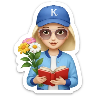 ["A happy girl with light skin, bald, wearing a baseball cap and sunglasses, dressed in K-pop fashion, is reading a book while holding a flower bouquet."] sticker