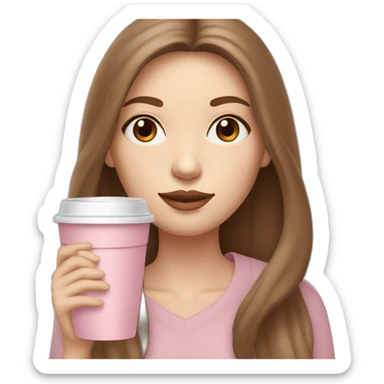 woman with pale skin and middle brown long thin hair sipping cofee from a light pink takeaway cup eyes closedf sticker