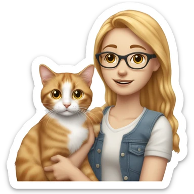 White skin strawberry-blonde haired girl with glasses holding long-haired calico cat sticker
