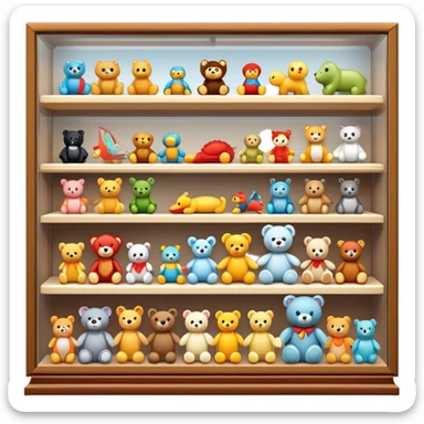 Icon for Toy Collecting: a collection of various vintage toys such as dolls, action figures, and plush animals, displayed neatly on shelves or in display cases. The icon should evoke the joy and nostalgia of collecting toys. Transparent background. sticker