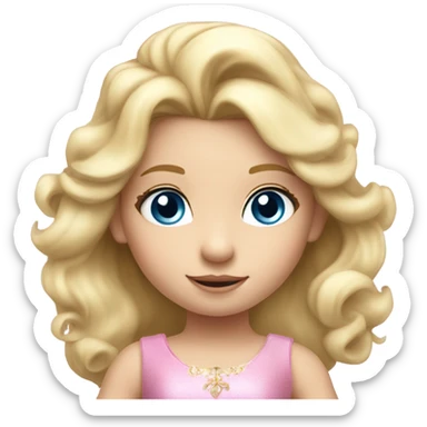 Little 5 year old long blonde girl blue eyes in a princess dress riding a big pink unicorn  sticker