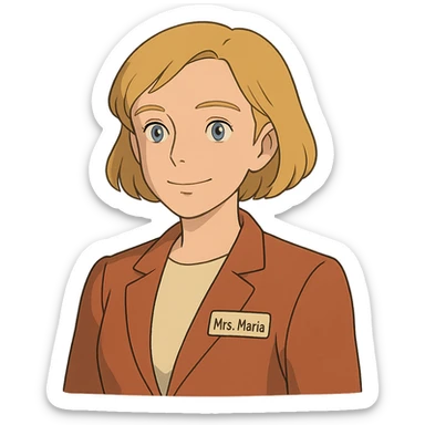 ghibli style Mrs. Maria, math and artificial intelligence teacher, no glasses, thin nose, blonde eyebrows, blonde bob hair, blue eyes sticker