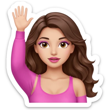 girl with long wavy brown hair, brown eyes, long lashes makeup, sexy pink lips, light to medium complexion, wearing a pink sexy top, one hand in the air high sticker