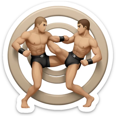 An icon symbolizing wrestling martial arts, featuring two stylized figures locked in a dynamic grappling pose. The background shows abstract elements representing strength and technique, with a circular design to represent unity and focus. Transparent background sticker