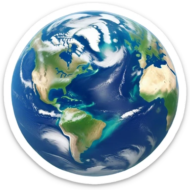 🌍 Cinematic Realistic Earth – A breathtaking, full view of Earth from space, showcasing vivid blue oceans, swirling white clouds, and lush green continents. The curvature of the planet is subtly illuminated by the sun, with a soft atmospheric glow enhancing its life-sustaining beauty. High detail, crisp textures, and realistic lighting bring out the planet's dynamic and ever-changing surface. sticker