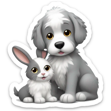 Grey and white fluffy dog petting a bunny ￼ sticker