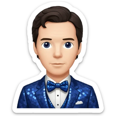 Benedict Cumberbatch with dark brown hair, indigo sequin suit with bow tie sticker