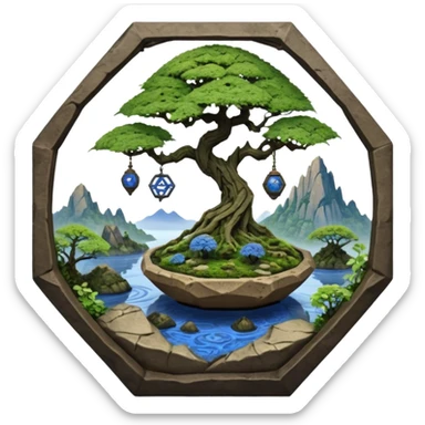 Alien spacecraft hanging-jungle vines mountain-island landscape mudman very old broken cracked intricate Stone Age rocky-crusted irregular dodecagon-shaped shallow dark moss rough bark blue willow flowered maple tree bonsai pot sticker