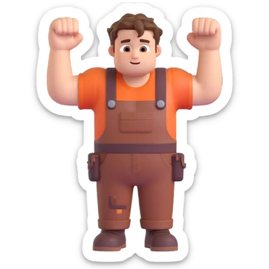 Wreck-It Ralph man with short messy hair, brown overalls, boxy figure with big arms sticker