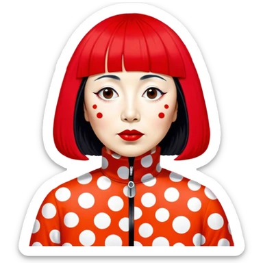 Yayoi Kusama – Cinematic Realistic Portrait of Yayoi Kusama, depicted as an avant-garde artist with an eccentric, captivating expression surrounded by her iconic polka dot patterns, rendered with vivid textures and imaginative lighting that evokes her unique, surreal creative world. sticker