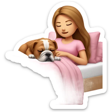 Sleeping girl in pink bed with brown hair with blonde mesh and bulldog sticker